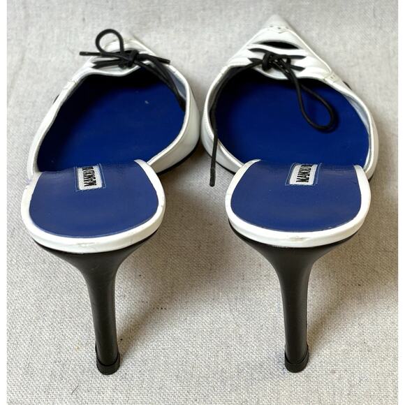 Manolo Blahnik White Leather Lace-Up Pointed Toe Mules Heels Size 36.5 Italy - Picture 2 of 6